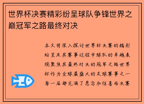 世界杯决赛精彩纷呈球队争锋世界之巅冠军之路最终对决